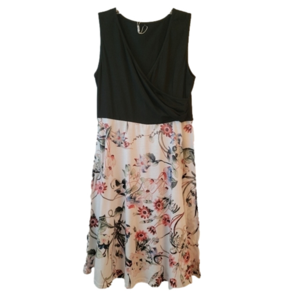 Kilig Black White Floral V Neck Sleeveless Midi Dress Large